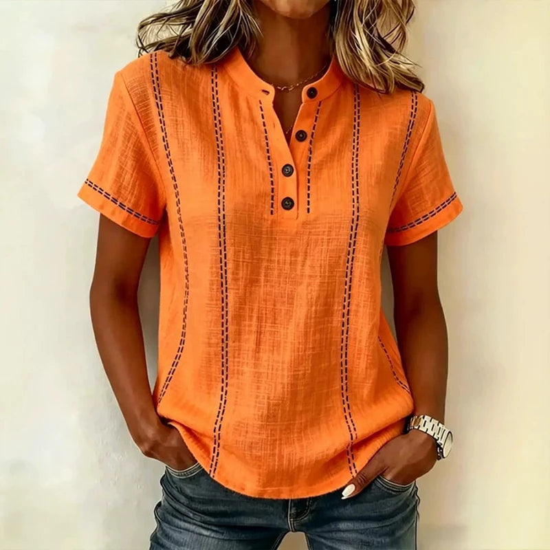 Elegant Women Blouse Shirt V Neck Button Patchwork Short Sleeve Shirts