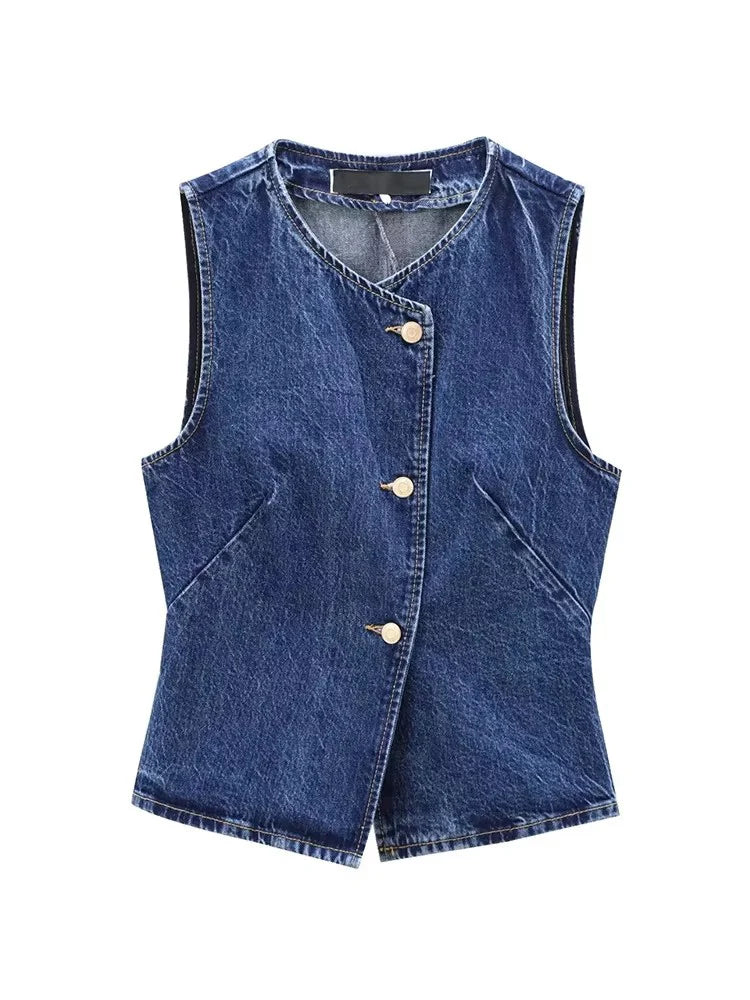 2026 Women's Short Vest Autumn Fashion Blue Denim Vest Top Lady Casual