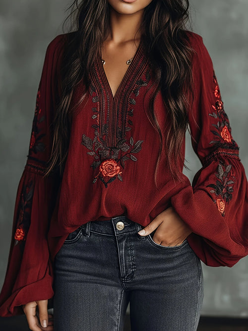 Women‘s Spring Blouse Retro Embroidered Flower Lantern Sleeve Shirt