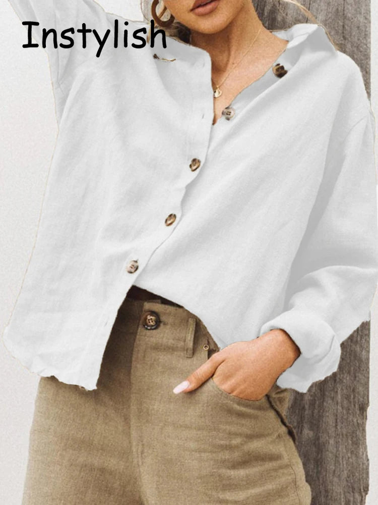 Women Vintage Harajuku Button Up Shirt Casual Long Sleeve Solid Cotton