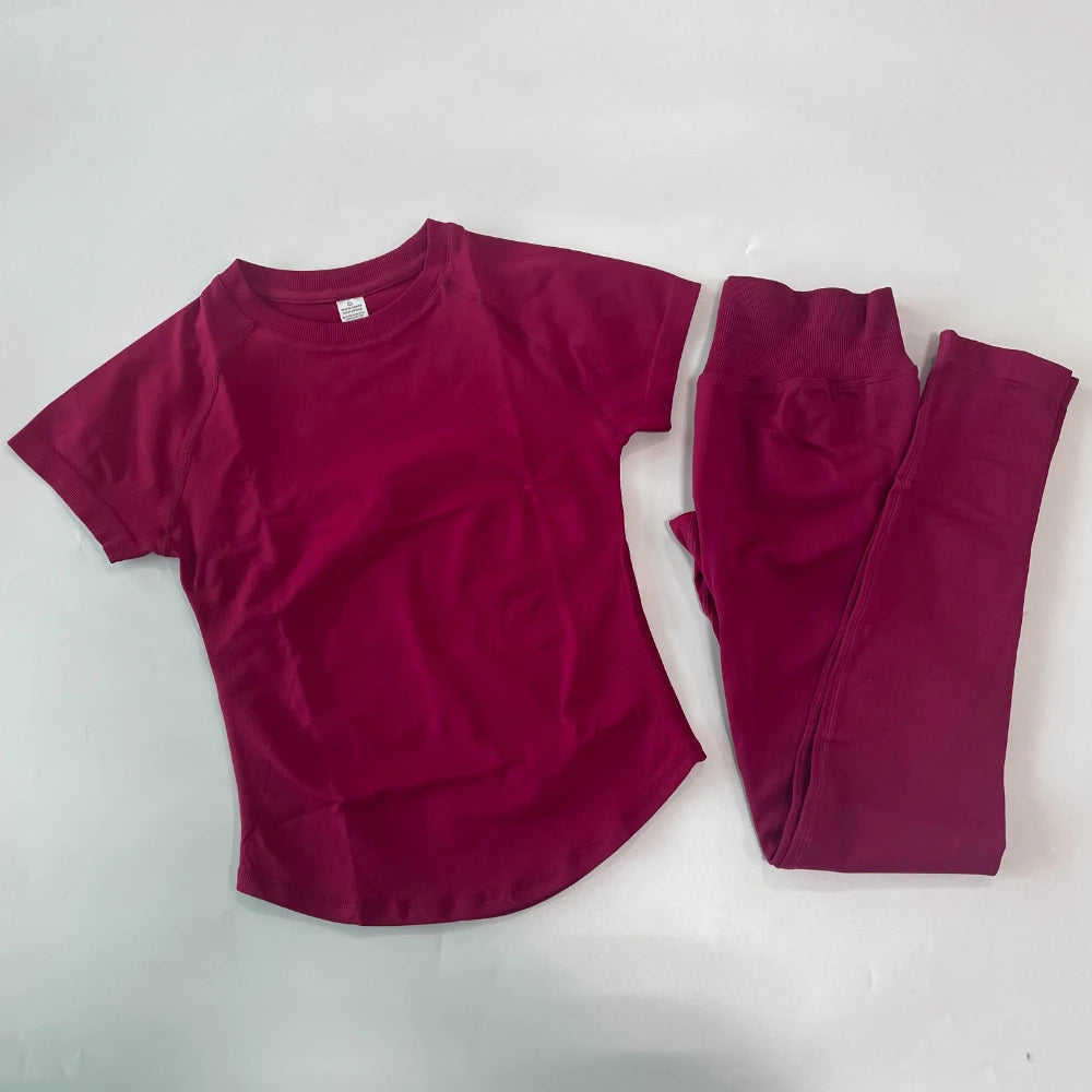 2 Piece Leggings Set Women Longline Short Sleeve Gym Crop Top High
