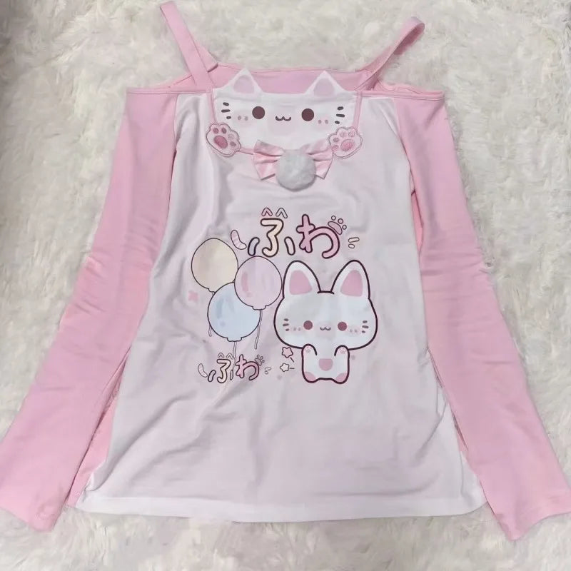 Sweet Japanese T-shirts Women's Clothing Pink Butterfly Patchwork Lace