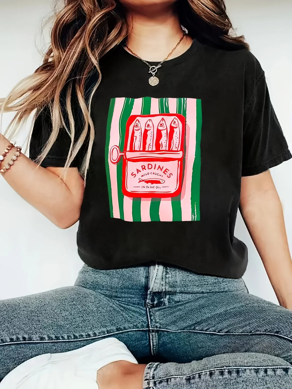 American Y2k Sardine Pattern Printing Women's Casual T-shirt Summer