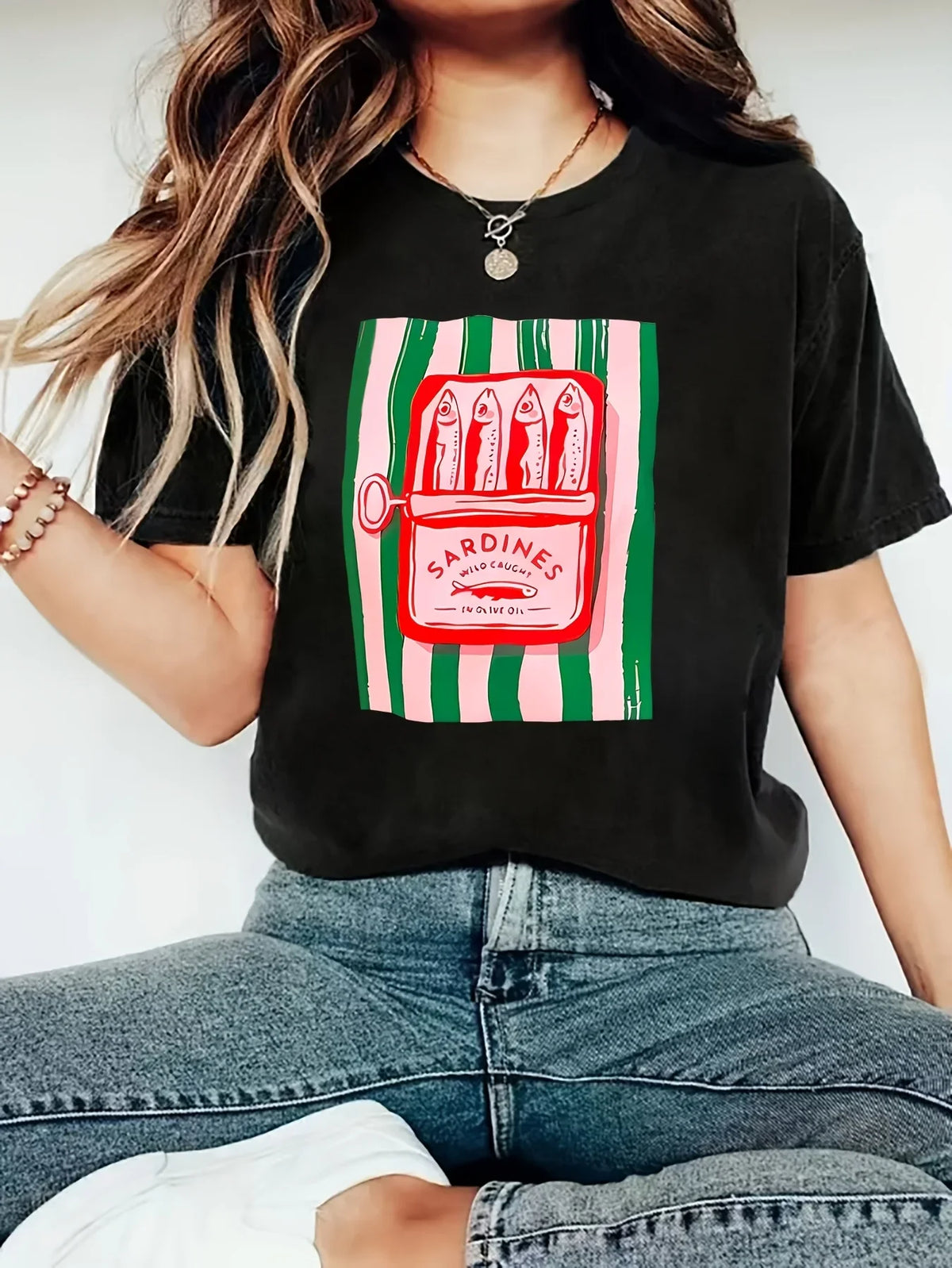 American Y2k Sardine Pattern Printing Women's Casual T-shirt Summer
