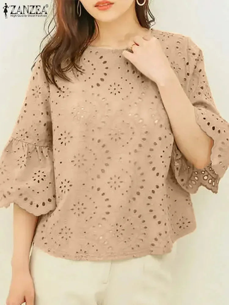 ZANZEA 3/4 Ruffle Sleeve Loose Blusa Women Hollow Out Lace Patchwork