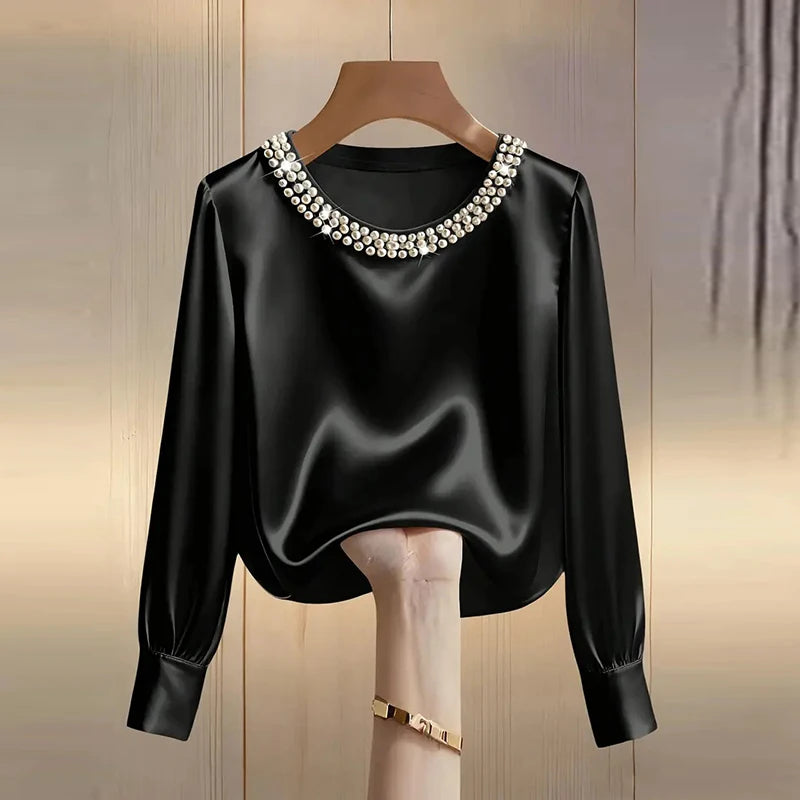 Elegant Satin Shirt Women Spring Autumn Bead Design Long Sleeve Silk