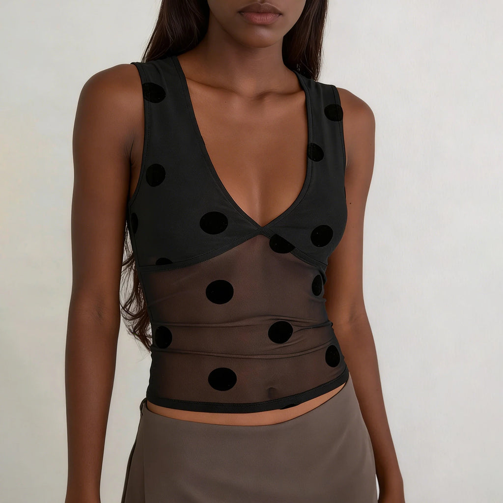Polka Dot Print Sheer Mesh Crop Top for Women Summer Sleeveless V Neck