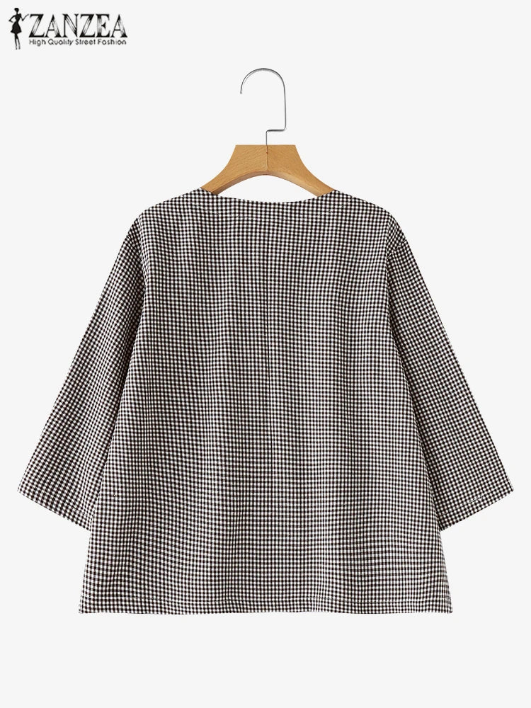 Casual Loose Women Blouse ZANZEA Summer Round Neck Shirt Checked