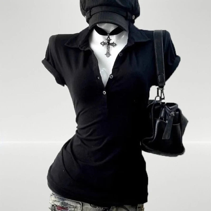 Graphic Harajuku POLO Collar Solid Short Sleeve Women's T-shirts 90s