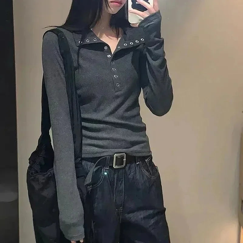 Y2K High Street Women Sweaters New Gray White Button Up Bottoming