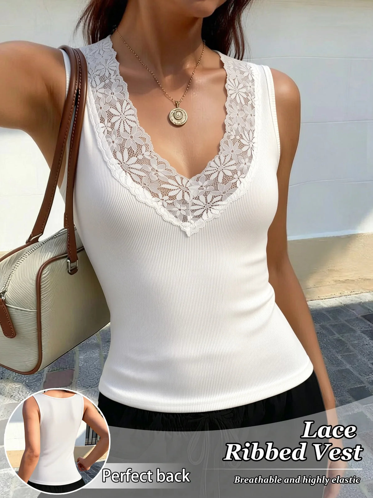 Women Lace V Neck Ribbed Tank Top Sleeveless Solid Color Casual Vest
