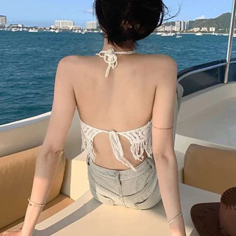 2024 Summer Sexy Beach Short Crop Top for Women Lightweight Hollow Out
