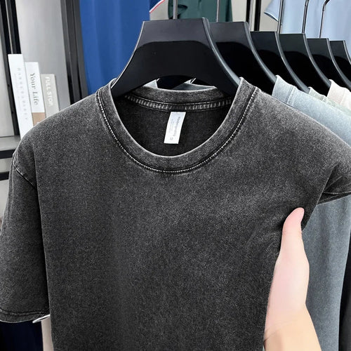 American Style Retro Heavyweight Solid Color Short Sleeved T-shirt Men