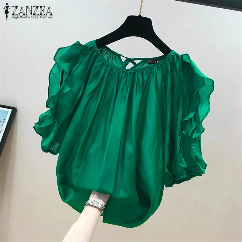 ZANZEA Women Cold Off Shoulder Blouse Fashion Ruffle Half Sleeve Tops