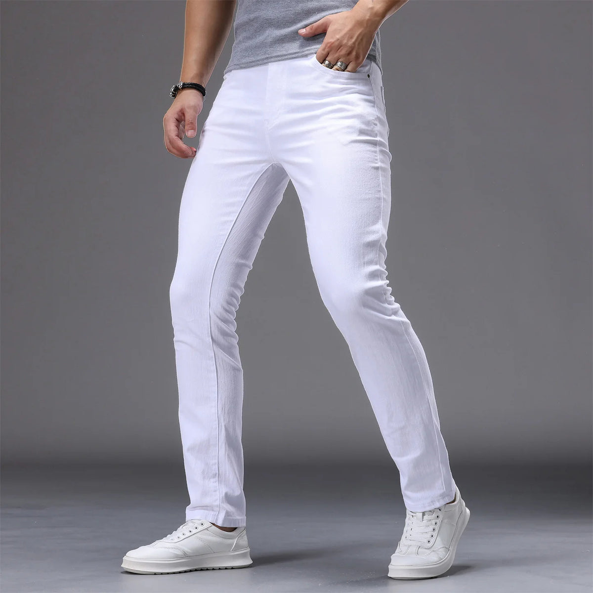 2026 Summer Brand Men's Slim Straight White Jeans Classic Badge Cotton
