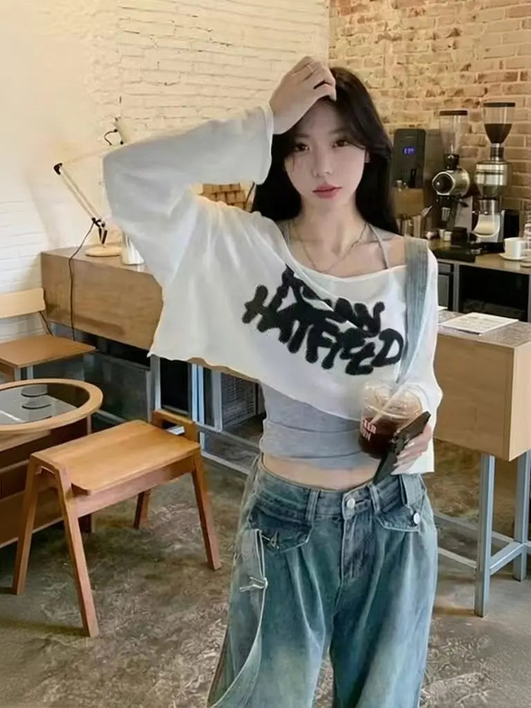 Y2k Summer Two Piece Oversize Cropped T Shirt Tank Top Set Women Short