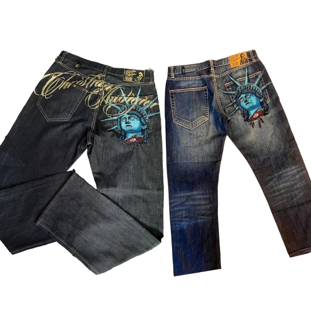 Harajuku Y2k Diamonds Wide Leg Jeans 2000s Casual Denim Pants High