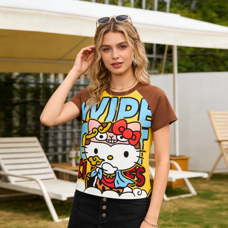 Cartoon Hello Kitty retro y2k shoulder sleeve short sleeve t-shirt