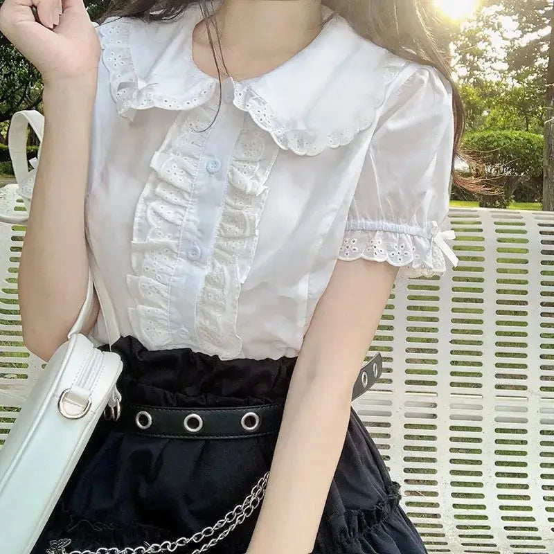 Deeptown Kawaii Lolita Blouses White Women Cute Lace Tops Ruffle