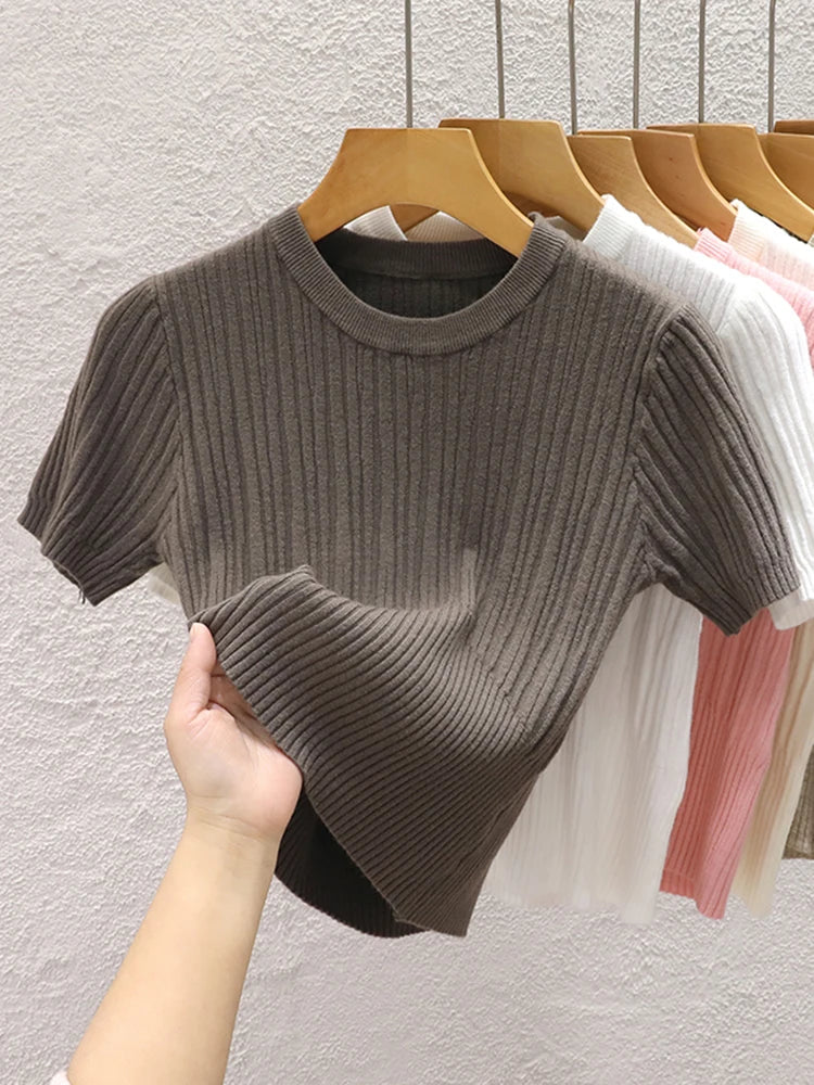 2026 Summer T shirts for Women Casual Female Korean Knit Streetwear