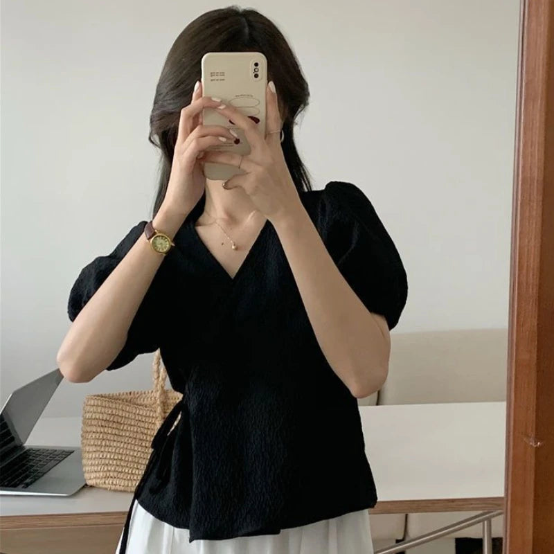 Blouses Women Summer Korean Style V-neck Design Simple Puff Sleeve