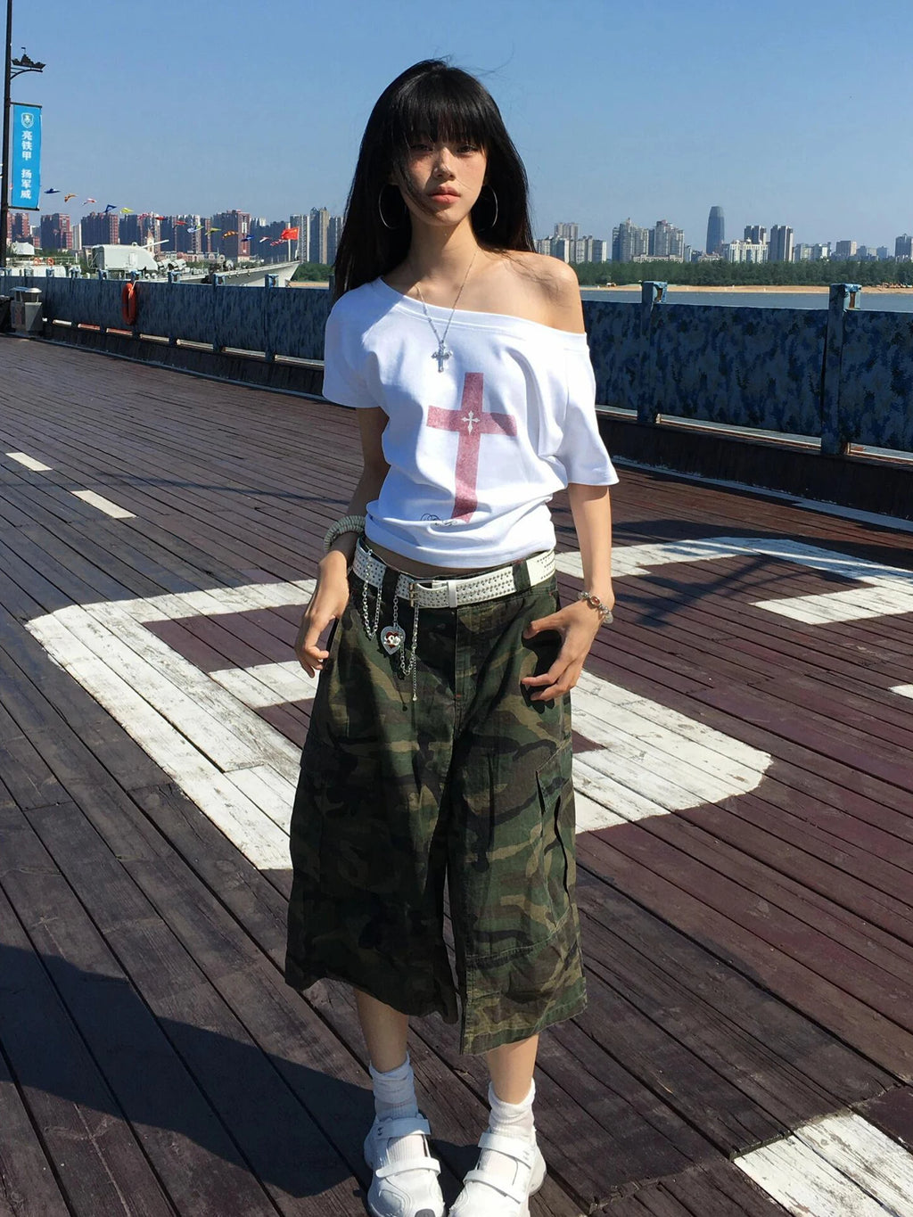Tonngirls Gothic Print Graphic Tops Loose Off Shoulder Short Sleeve