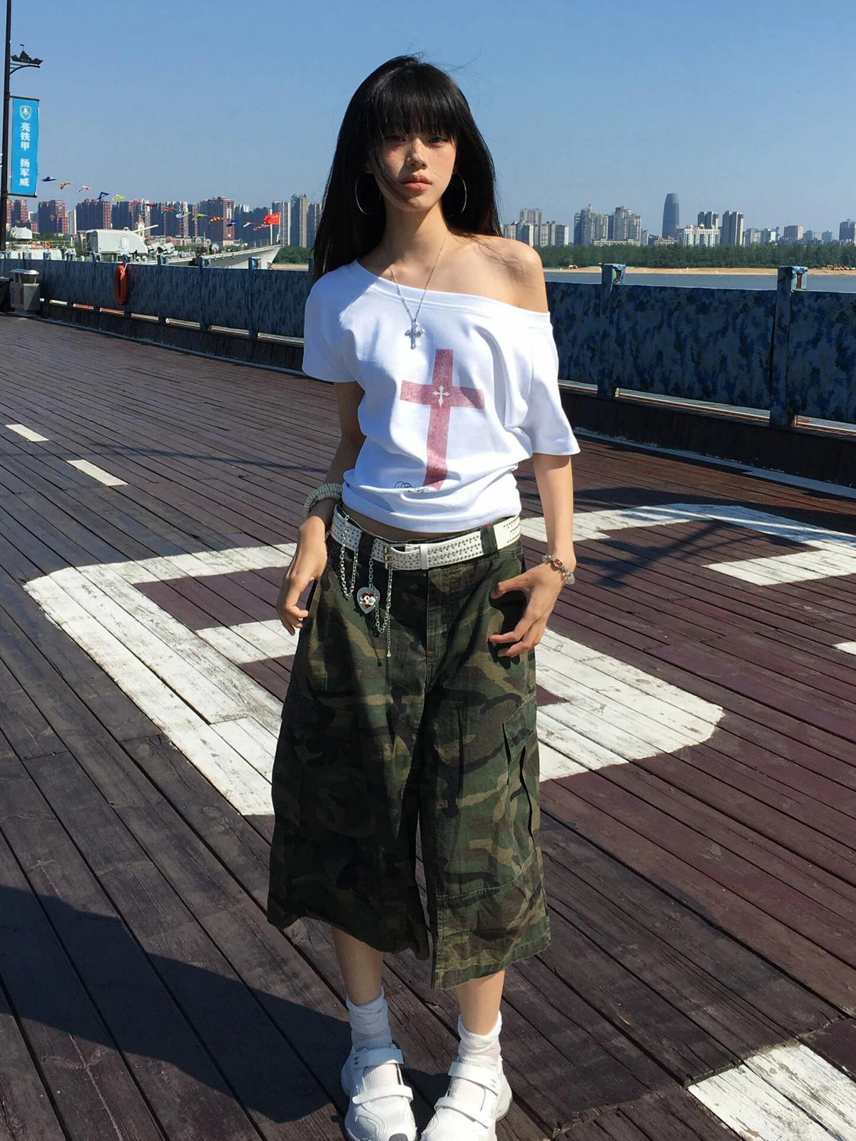 Tonngirls Gothic Print Graphic Tops Loose Off Shoulder Short Sleeve
