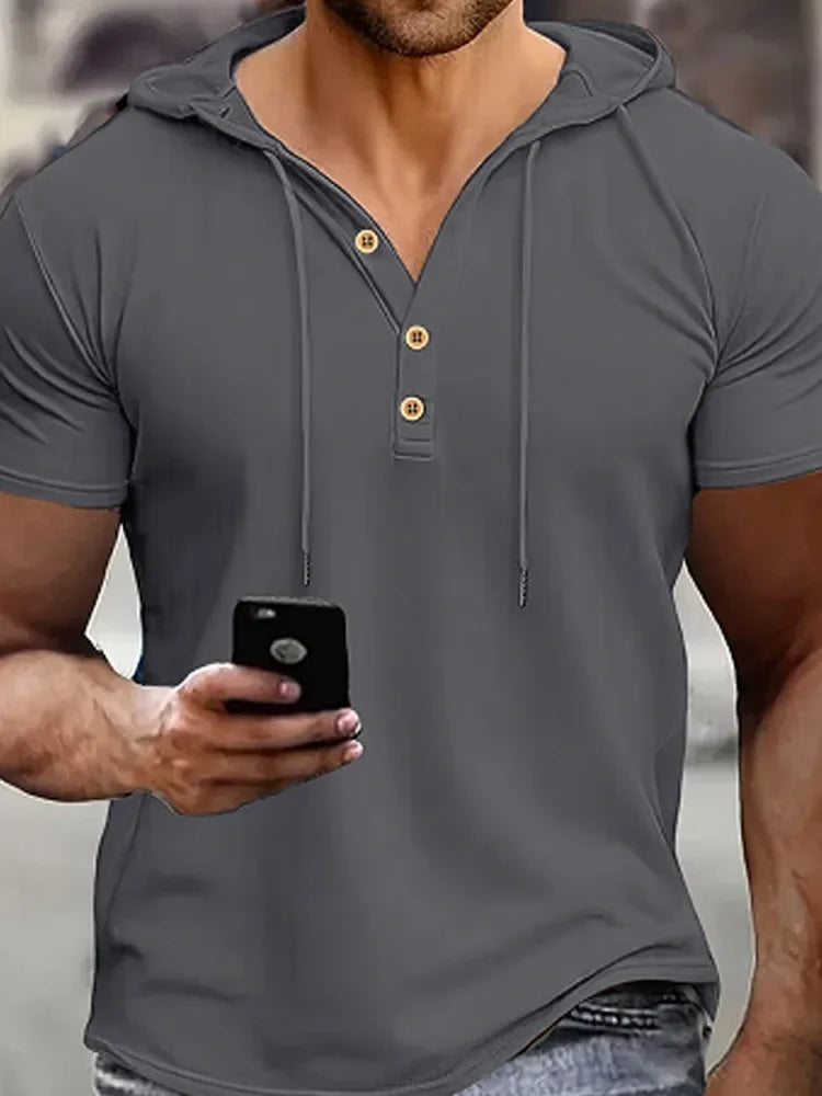 Men's Henry Shirt Solid Color Casual Short Sleeve Hooded Polo Shirts