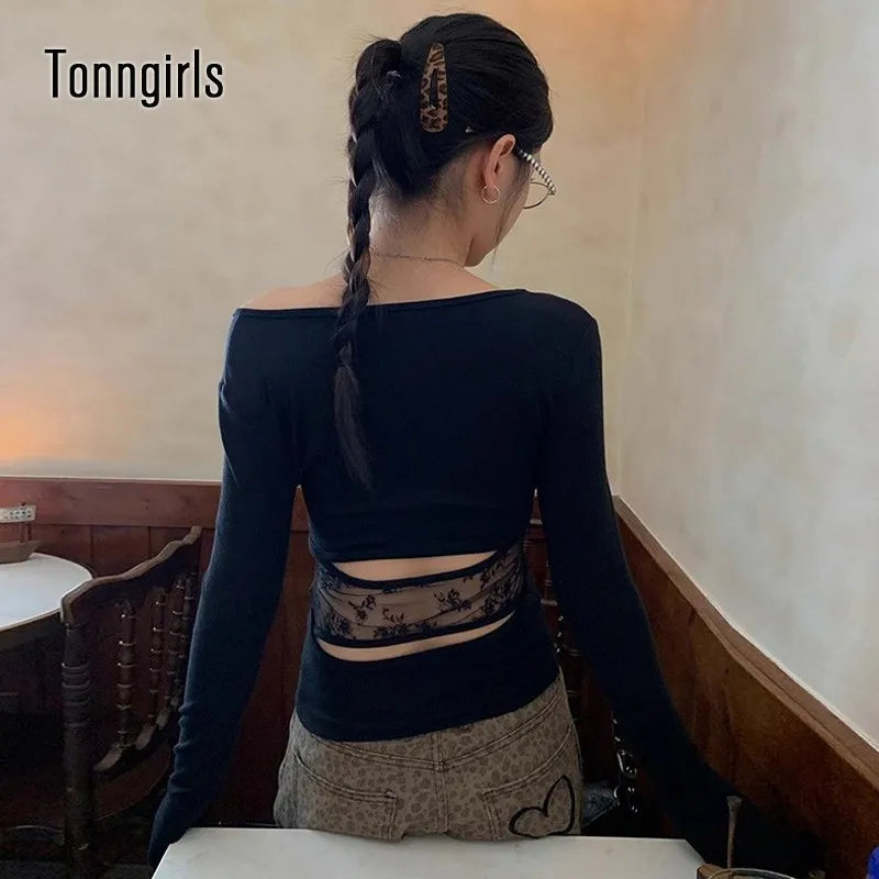 Tonngirls Vintage Print T Shirt Women Hollow Out Patchwork Y2k