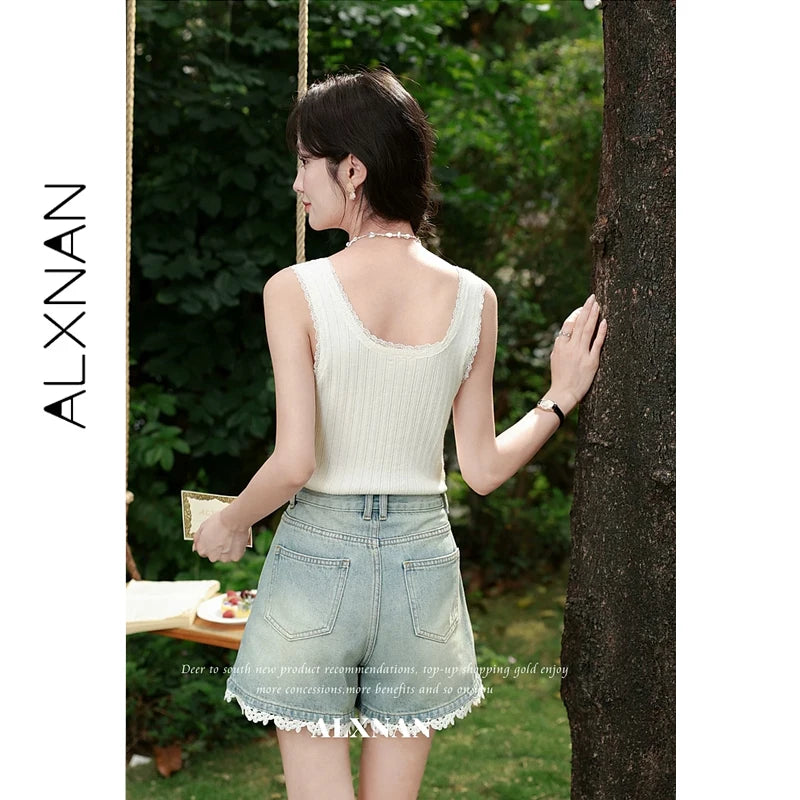 ALXNAN Lace Trim Elegant Knitted Tank Top Bow Slim-fit Casual Basic