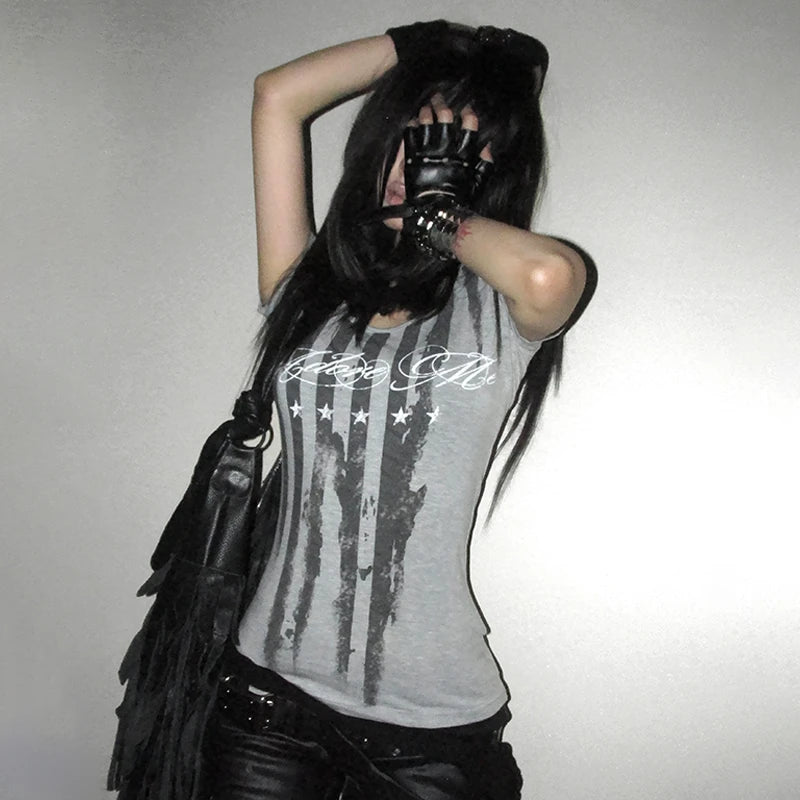 Karrcat Trashy Y2k Striped Letter Print T-shirt Grunge Aesthetics