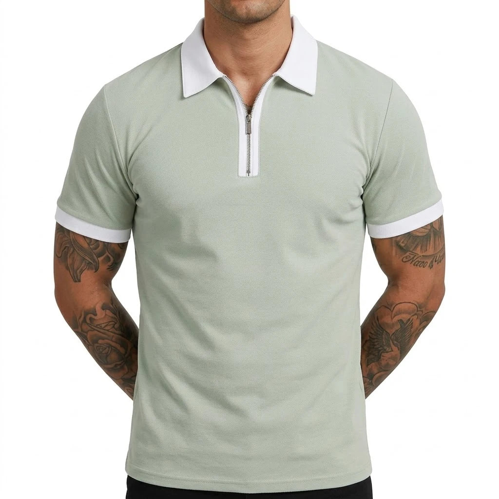 Summer Men's Zipper Short Sleeve Polo Shirts Casual Color Block