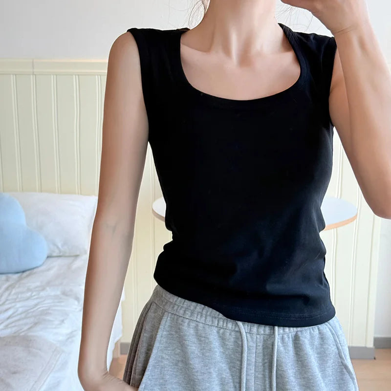 Women Solid Sleeveless Tank Top Camisole，Summer Basic Stretchy Square