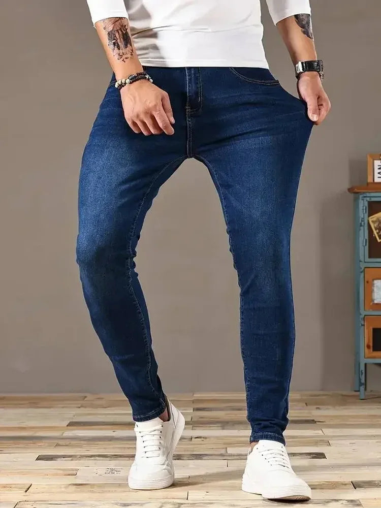 Mens Classic Style Pants Pure Color Stretch Jeans Street Casual Slim