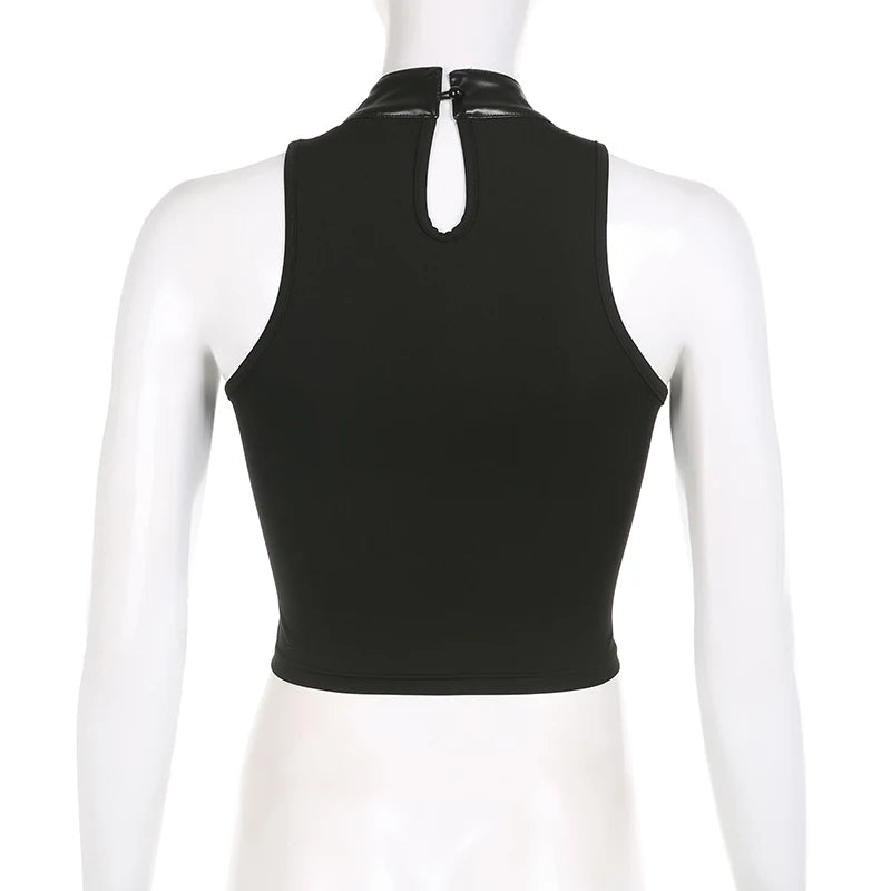 SUCHCUTE Punk Style Leather PU Patchwork Crop Tops Women Grunge Biker