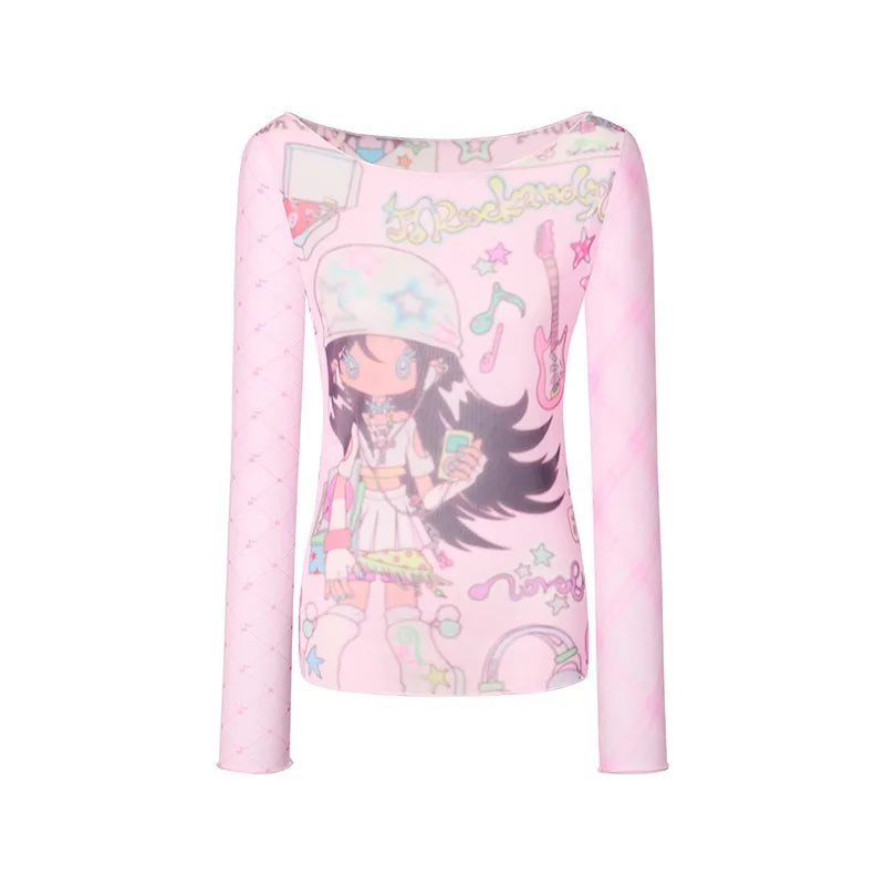 Y2k women clothing Patchwork Mesh Millennium Long Sleeve Shirts Female