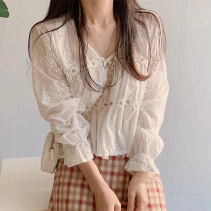 Women Fashion V-neck White Women Blouse Spring Flower Loose Hollow