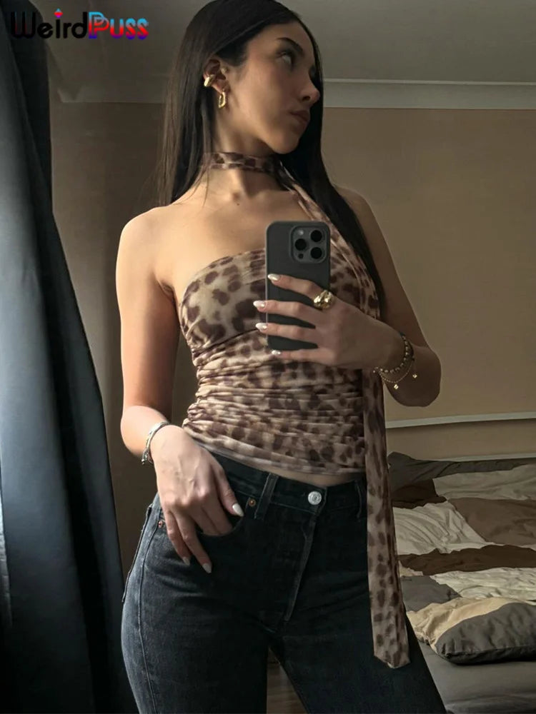 Weird Puss Leopard Print Crop Tops Woman Summer Strapless Ruffles