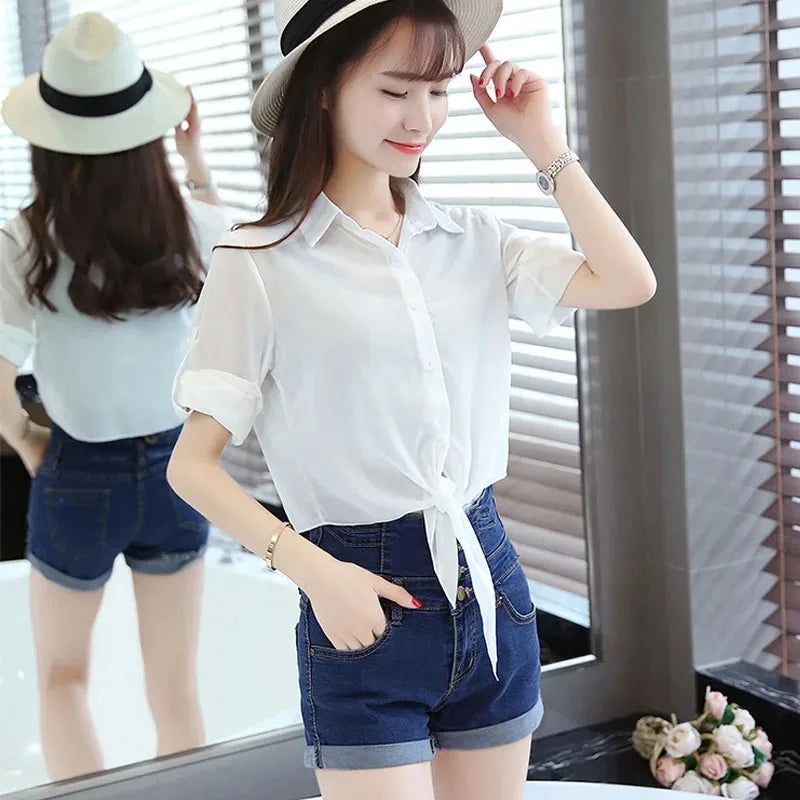 Thin Short Sleeve Chiffon Blouse for Women Casual Button Up Shirts
