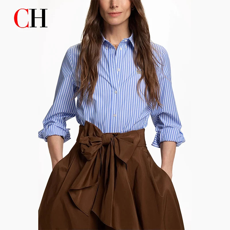 CH Elegant Office Ladies Blue White Vertical Stripe Blouse Long Sleeve