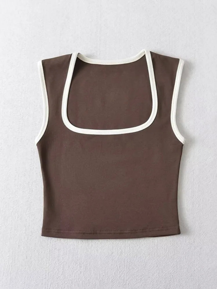 Woman Fashion Slim Solid Casual Sleeveless Tanks Square Collar Crop