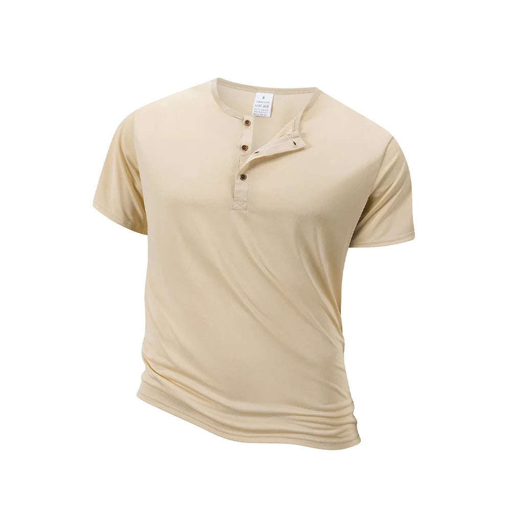 Summer Men's Short-sleeve Henley NeckT-shirt Solid Color Male Tops