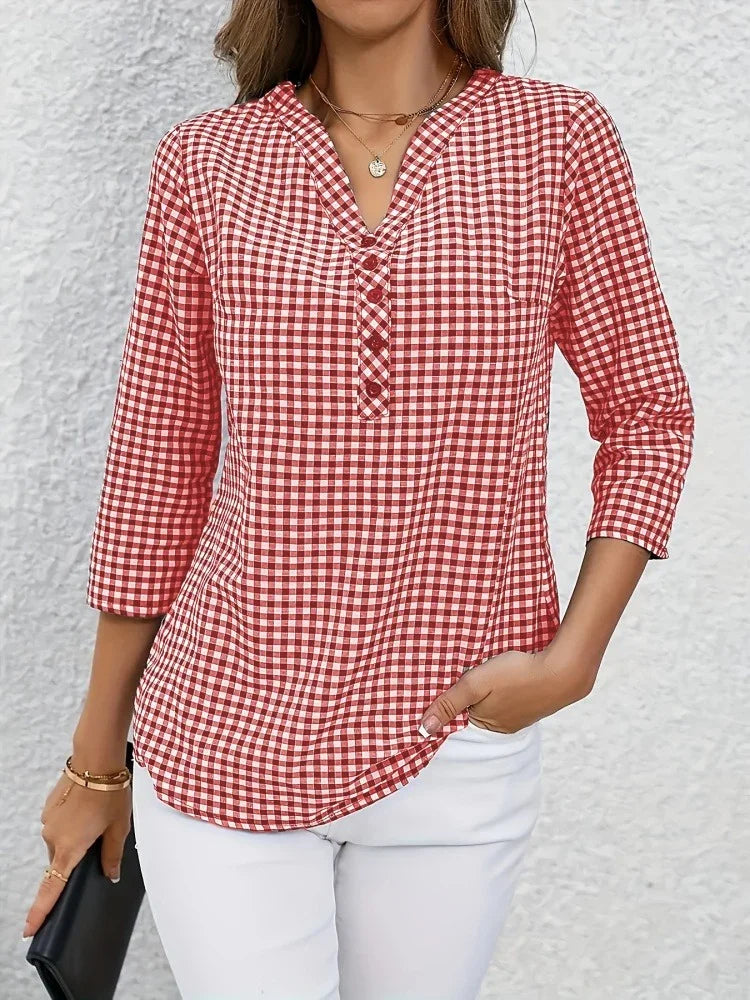 Plus Size Spring Autumn Women Fine Plaid Fashion Long Sleeve V-Neck