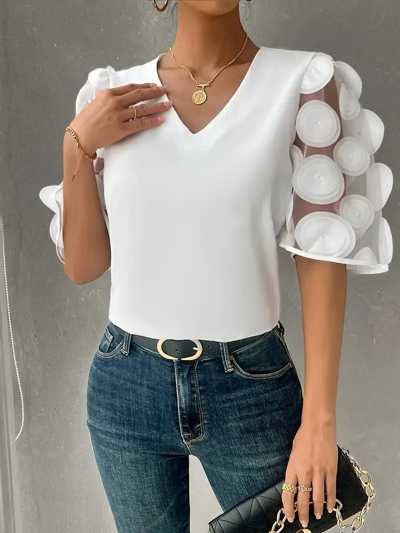 Women V Neck Blouse With Sheer Puff Sleeves And 3D Circle Appliques