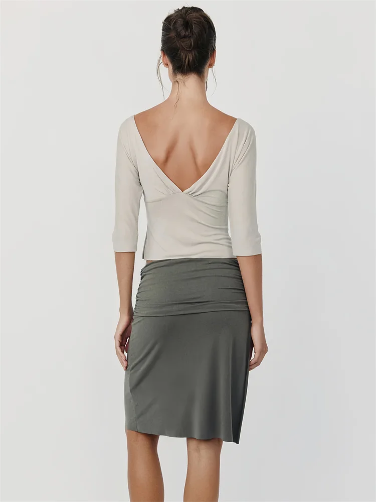 Absobe Women Sexy Deep V Mid Sleeve Crop Top Side Split Slim Solid