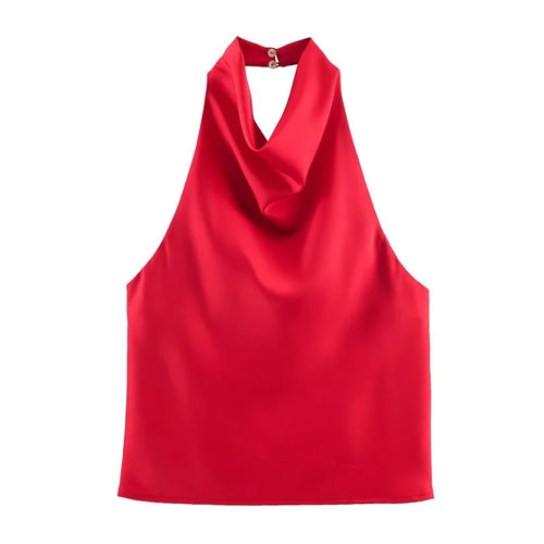 ETJ Women's 2026 Spring Cowl Neck Sleeveless Top Satin Backless Halter