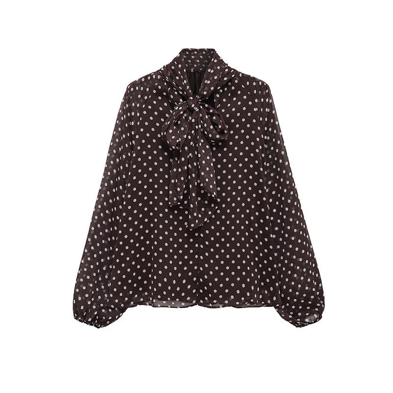 Polka Dot Printed Women Shirt 2026 Spring New Bow Tied Blouse Woman