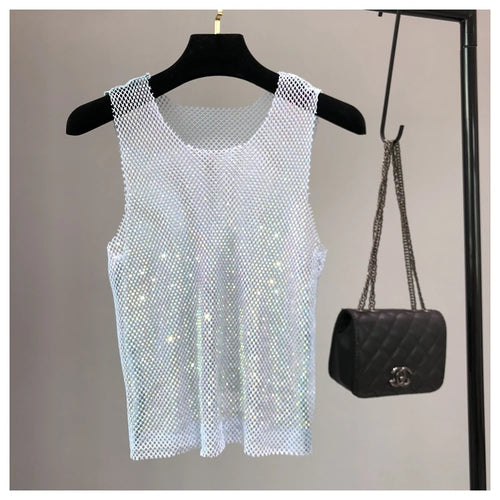 Crystal Beading Shiny Tanks Party Club Sexy Hollow Out Diamonds