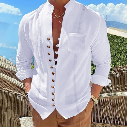2024 Men's new vintage stand collar cotton linen pocket long sleeve