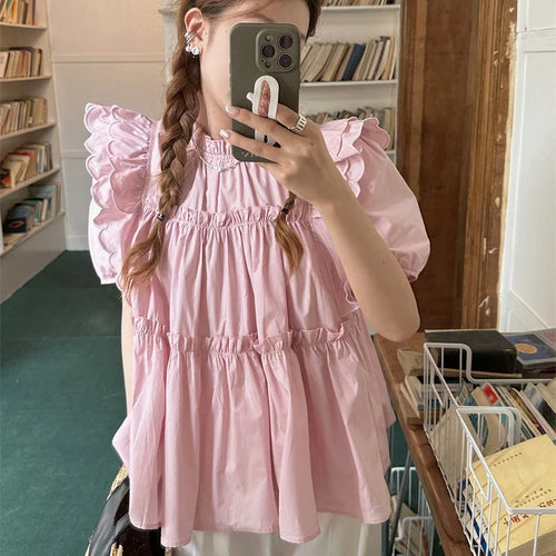 Sweet Pleated Loose Blouse Summer New Short Sleeve Solid All-match